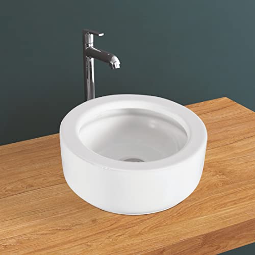 Kemjo Ceramic White Table Top Wash Basin with Accessories | 13.77 x 13.77 x 5.70 inch | WT-Milano