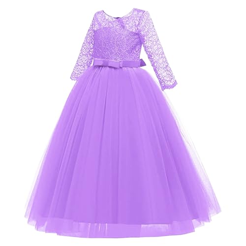 Girls Vintage Floral Lace Mesh 3/4 Sleeve Princess Dress Kids' Formal Gown for Weddings Parties and Birthdays with Bow Belt3