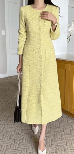 CHARTOU Women Tweed Dress Long Sleeve Single Breast Elegant