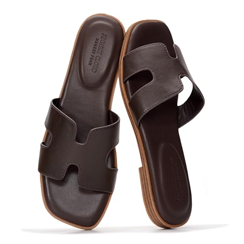 Image of Project Cloud 100% Genuine Leather Sandals for Women 2026 - Fashion Flat Womens Sandals with Memory Foam Insole Slides Sandals Women Footwear - Mules Women's Sandals (Jannel)