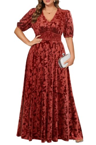 Image of Pinup Fashion Velvet Wedding Guest Dress-Fall Formal Floral Maxi Dresses