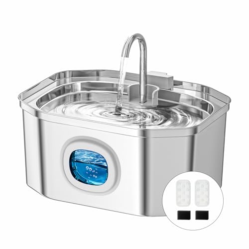 Fontanella per gatti,Apauk 3.2L fontanella per gatti acciaio Inox, fontana per Cani piccoli,Ultra silenziosa,con finestra LED, Sistema di filtraggio multistrato (S con 2 filtri & 2 spugne)
