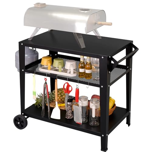 LEETOLLA Black Outdoor Grill Table Pizza Oven Cart for Outside Grill Carts Outdoor with Wheels Three-Shelf Moveable Garden BBQ Kitchen Food Prep Table Carts
