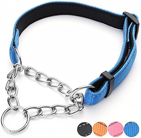 PUROAYET Martingale Dog Collar Wide 2.5CM(0.98") Reflective Nylon with Stainless Steel Chain Dog Collar Comfortable Soft Padded Adjustable Training Pet Collar for Large Medium Small Dogs (S,Blue)