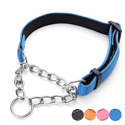 Puroayet Martingale Dog Collar Wide 2.5Cm(0.98") Reflective Nylon With Stainless Steel Chain Dog Collar Comfortable Soft Padded Adjustable Training Pet Collar For Large Medium Small Dogs (S,Blue) #TOP20