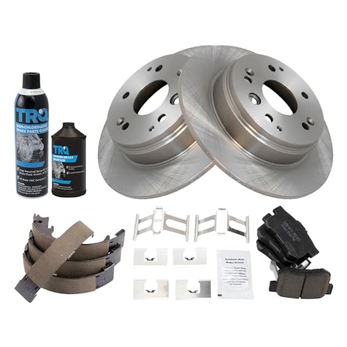 Image of TRQ Rear Brake Pad & Rotor Kit, with Chemical Kit Parking Brake Shoe Set Ceramic Compatible with 2004-2008 Acura TL 2003-2011 Honda Element