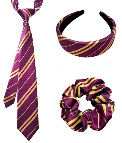 Angel Kiss Wizard Cosplay Tie Headband and Hair Scrunchie Frame for Halloween Christmas Birthday Dress Up Themed Party Magic Costume Accessory Striped Necktie for Adults & Teens Daily Use - Maroon