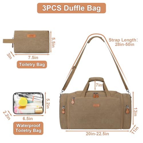Image of Canvas Mens Duffle Bag for Travel - Expandable 50L Weekender Bags with Toiletry Bag, Overnight Bag Travel Duffel Carry On Luggage with Removable Shoulder Strap, Durable & Water-Resistant