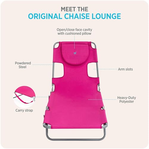 Image of Ostrich the Original Chaise 72 x 22 Inch Lounge Portable Reclining Lounger, Outdoor Patio, Beach, Lawn, Camping, or Pool Tanning Chair, Pink