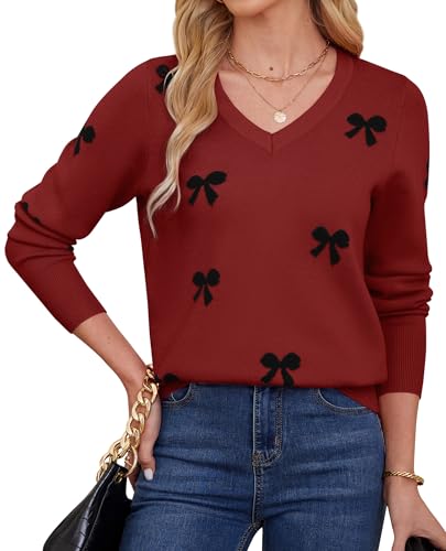 Womens V Neck Knit Sweaters Long Sleeve Lightweight Pullover Printed Cute Tops Winter Casual Fashion Outfits