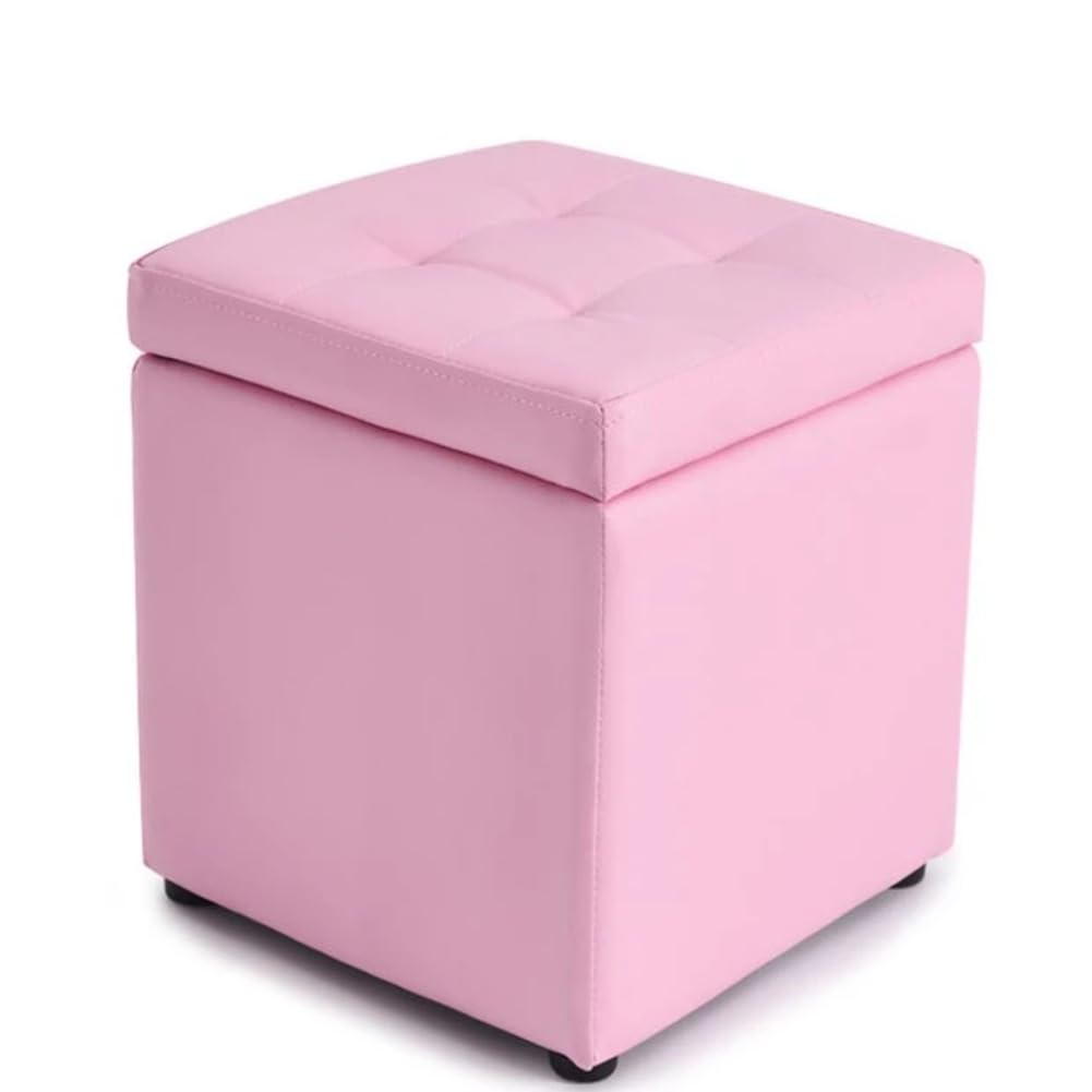 Bonded Leather Square Cube Storage Ottoman,12x12x14inch,Upholstered Foot Rest Stool with Hinged Lid,Faux Leather Footrest Ottoman Thicken Foam Padded Seat (Pink)