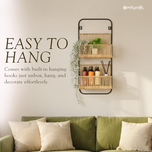 Image of PrettyKrafts 2 Tier Rattan Wall Shelf Storage Basket | Bathroom & Kitchen Organizer | Over-The-Door Natural Hanging Rack | Home Organization Storage Bins & Baskets | Size 30.48x10.16x66.04 Inch