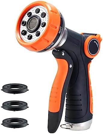 Garden Hose Nozzle, Metal Water Hose Nozzle with 8 Adjustable Spray Patterns, High Pressure Hand Sprayer with Flow Control for Watering Plant & Lawn, Washing Car & Pet (Orange)