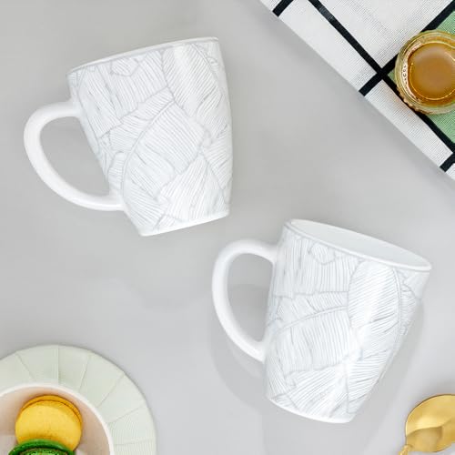 Image of Larah by BOROSIL 390ml x 2pc Opalware Ivy Tea /Coffee Mug Set, Microwave & Dishwasher Safe Embossed Design Crockery Ideal for Daily Use & Gifting