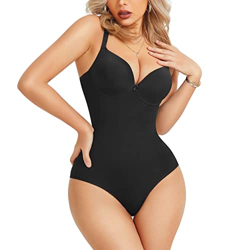 Irisnaya V Neck Bodysuit For Women Tummy Control Shapewear Seamless Body Shaper Slimming Faja One Piece Built In Bra Leotard (Black, Xx-Large-3X-Large) #TOP22