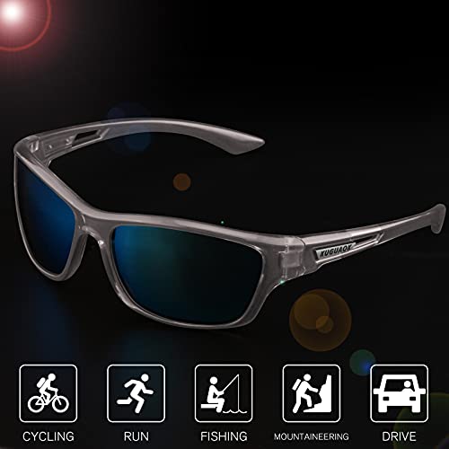 Image of KUGUAOK Polarized Sports Sunglasses for Men Driving Cycling Fishing Sun Glasses 100% UV Protection Goggles, Clear Gray Frame Blue Mirror, 0