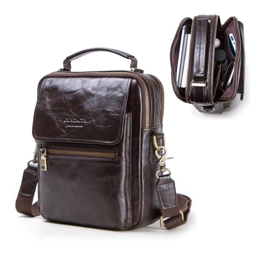 Bolsa De Ombro Masculina de Couro Legítimo - Bolsa Tiracolo CONTACTS com Alça Ajustável (91-154cm) e Bolso para Notebook até 9.7' (26.5cm) - Marrom