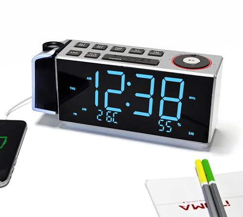 iTOMA Réveil de Projection avec Radio FM, Chargement USB, écran LED de 1,8 Pouces, Veilleuse, Double Alarme, Snooze, Contrôle de Gradation, Radio - Réveil...