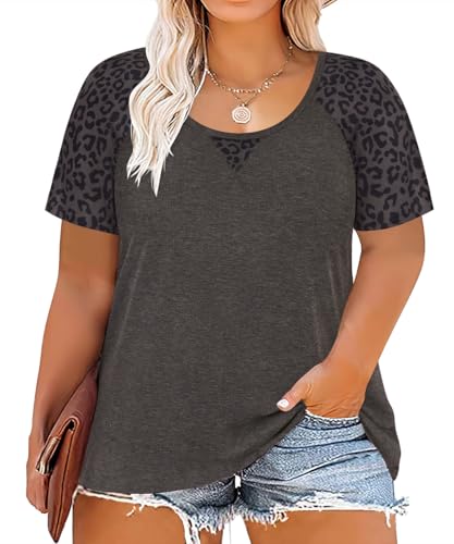 Image of CARCOS Plus Size Tops for Women Short Sleeve Shirt Summer Star /Leopard /Tie Dye /Flower Crewneck Pullover Tunic XL-5XL