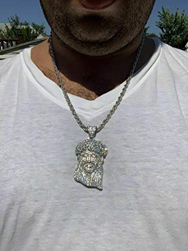 Harlembling Solid 925 Sterling Silver Iced Out Jesus Piece Pendant - Men's - Great For Any Chain! Icy Baguette Cz - 3 Sizes Small. Medium, & Large (Large 3") #TOP5