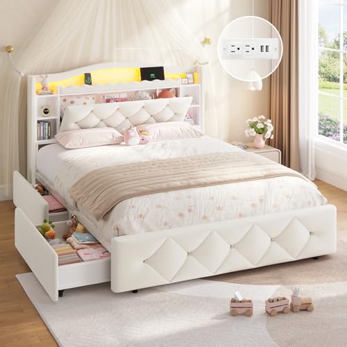 Image of DICTAC Full Size Bed Frame for Kids with 4 Storage Drawers, Bookcase Headboard, LED Lights and Power Outlets, Diamond Tufted Velvet Upholstered Princess Platform Bed, Heavy-Duty Metal Support, Beige
