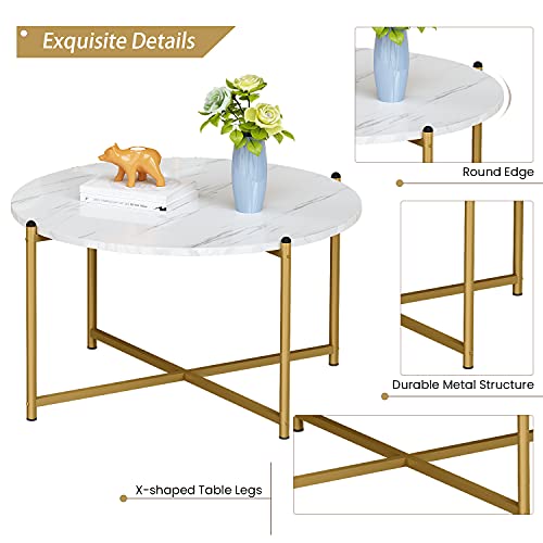 Dklgg Coffee Table Set Of 3, Modern Round Coffee Table & 2Pcs End Table Faux Marble Tabletop With Gold Cross Base Frame, Modern Living Room Table Sets For Apartment, Small Space (Gold) #TOP7