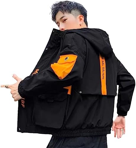 USTZFTBCL Long Sleeved Cargo jacket men harajuku windbreaker jackets hooded hip-hop streetwear zipper coat (as1, alpha, l, regular, regular, Black)