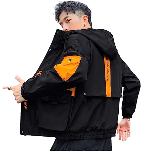 Ustzftbcl Long Sleeved Cargo Jacket Men Harajuku Windbreaker Jackets Hooded Hip-Hop Streetwear Zipper Coat (As1, Alpha, L, Regular, Regular, Black) #TOP2