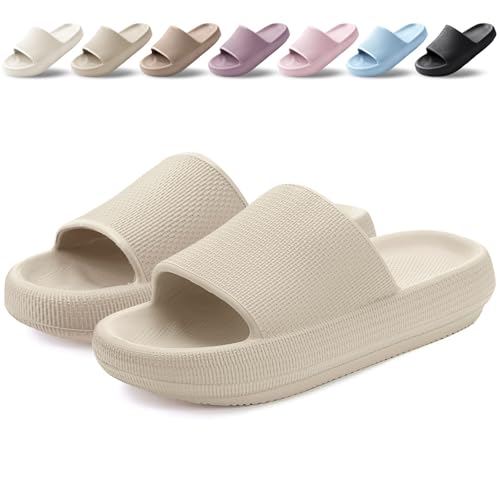 BAXIWUY Badelatschen Damen Badeschuhe Herren Schlappen Badeschlappe Cozislides Original Slippers Rutschfest Hausschuhe Sommer Pantoletten Wolkenschuhe Flip Flops Indoor/OutdoorKhaki37-38 EU