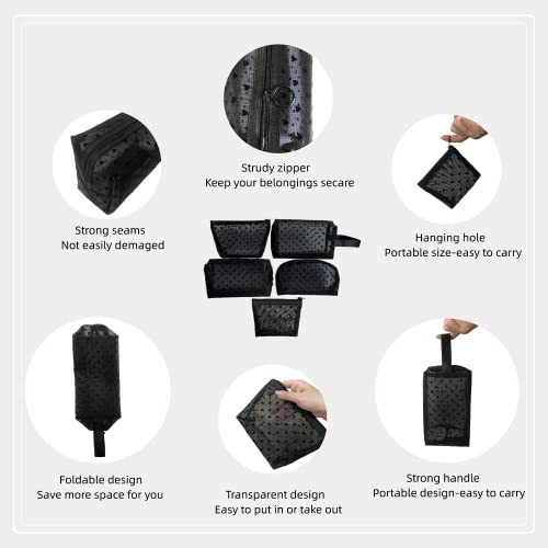 5 Pieces Zipper Mesh Cosmetic Bags Set, Mesh Heart Makeup Bags Toiletry Bags, Portable Travel Makeup Bags for Women, Small Items Storage Organizer Bags for Travelling (Black)2