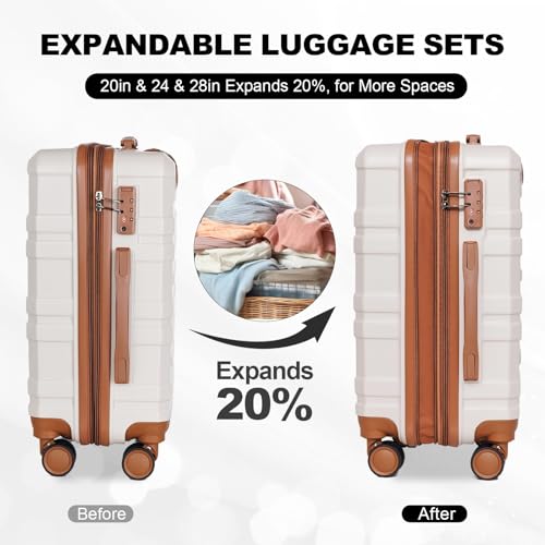 3-Piece Hardshell Luggage Set - Lightweight Carry-On & Checked Suitcases with 360° Wheels - Expandable Travel Bags in Blue & Beige3