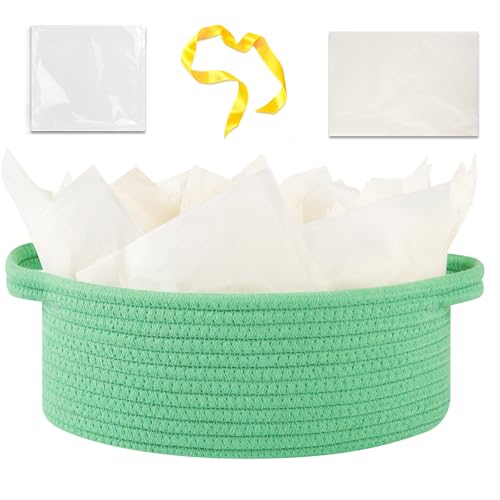 Image of OIAHOMY Gift Basket with Handle, Small Woven Basket with Gift Bag, Ribbon and Wrap Tissue Paper, Nursery Bins Empty to Fill with Small Items, Baby, Pet Toy Organizer - Green