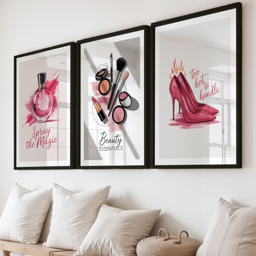 Image of NoWorries inchPink Fashion Wall Art Framed Painting Set of 3 | Perfume Bottle, Makeup Essentials & High Heel Illustration Posters with Frame | Glam Beauty Decor Frames for Bedroom, Vanity, Salon, Girls Room | Modern Chic Framed Wall Art (Art-18, 25x37inch, Wooden)