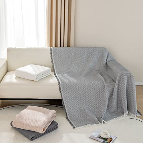 LHGOGO Waffel Sofa Überwurfdecke 180x300cm Große 3 Sitzer Sofaüberwurf Vielseitige Wohndecke als Sofadecke, Couch Überwürf, Sofa Überzug und Tagesdecke mit Deko Quasten - Hellgrau