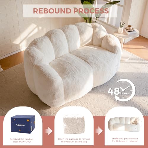 Image of MAXYOYO Bean Bag Chair for Adults, Loveseat Floral Shaped Bean Bag Sofa, Ultra Soft Love Seat Mini Sofa Couch, Faux Fur Reading Chair for Living Room Bedroom, Beige