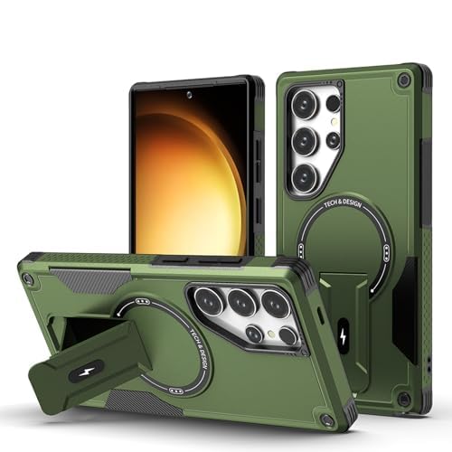 Coque Samsung S26 Plus magnétique verte avec béquille pliable antichoc finis mat