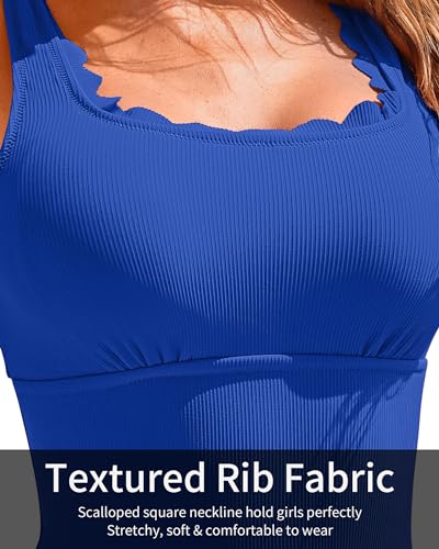 Image of Charmo Womens Scalloped One Piece Swimsuits Modest Bathing Suits | Square Neck,Ribbed,Push Up Removable Cups,Adjustable Wide Straps,Cutout Back,Beach,Pool