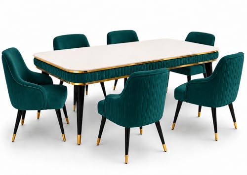 Image of WOODEN SPACE 6-Seater Wooden Dining Table Set | Nano Composite Marble Top | Solid Wood Base | Modern Dining Room Furniture with 6 Chairs (Sea Blue Modern Zyro)