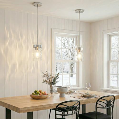 Image of Water Ripple Glass Pendant Lights Kitchen Island Brushed Nickel, 3 Pack | Adjustable Modern Mini Hanging Light for Sink Dining Room Foyer Entryway