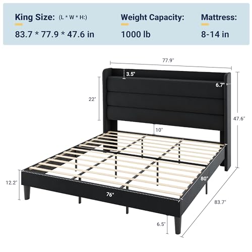 Image of Allewie King Size Upholstered Bed Frame with Charging Station, Black