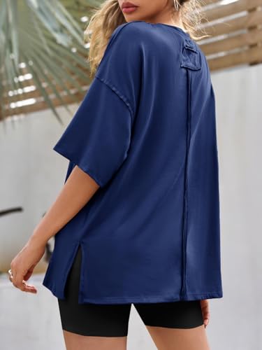Image of Tankaneo Womens Oversized Tshirts Summer Casual Short Sleeve Crew Neck T Shirt Loose Fit Side Slit Tee Tops