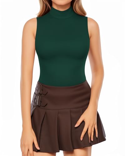 Image of MANGOPOP Women's Mock Turtle Neck /V Neck /Scoop Neck Long Sleeve /Sleeveless Tank Tops Bodysuit Jumpsuit (A1 Sleeveless - Deep Green (Modal), Large)