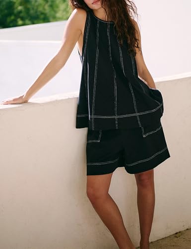 Image of Women 2 Piece Outfits Flowy Sleeveless Tunic Tops Loose Shorts with Pockets Tracksuit Summer Lounge Matching Set 2025