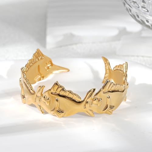 Gold Open Cuff Bangle Bracele Chunky Butterfly/Flower/Coral Reef Lightweight Bamboo Conch Crab Starfish Shell Cuff Bracelet Gift for Women4