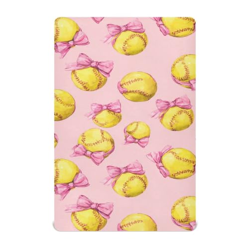 Image of Bow Softballs Baseball Crib Sheets Soft Breathable Fitted Baby Crib Sheets Mattress Cover for Girls Boys, 52 inch x 28 inch x 9 inch
