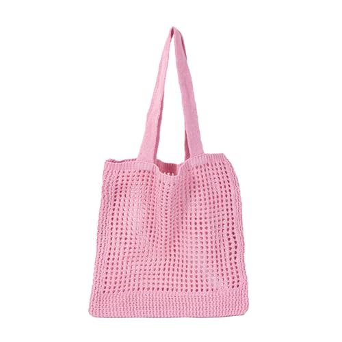 Image of Pink Crochet Tote Bag, Large Woven Beach Bag, Handbag Knit Bag for Women, Summer, All Seasons, 15 x 9.5x 4.3 inches