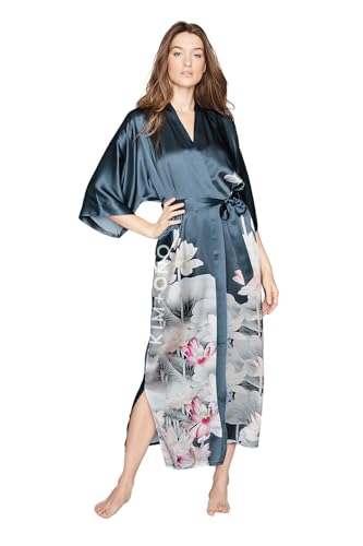 100% Mulberry Washable Silk Kimono Robe Long - Luxury Kimono Robe for Women - Floral Print - Lotus - Nightshadow - Original Design3