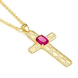 PERJI Gold Ruby Cross Pendant Necklaces for Women Christian July Birthstone Red Jewelry Christmas Birthday Gifts for Wife Daughter Sister Mom (Non Tarnish 925 Sterling Silver)