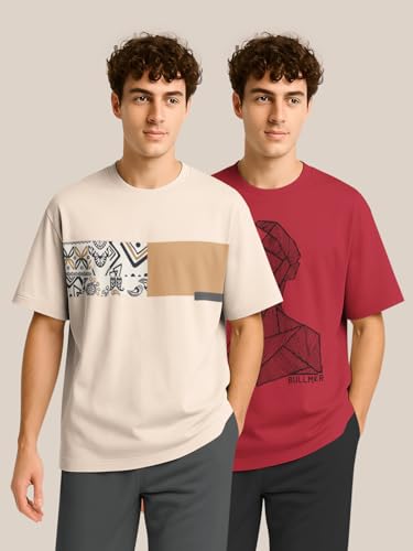Image of BULLMER Trendy Half Sleeve Oversized Cotton Blend Crew Neck Tshirt for Men - Pack of 2