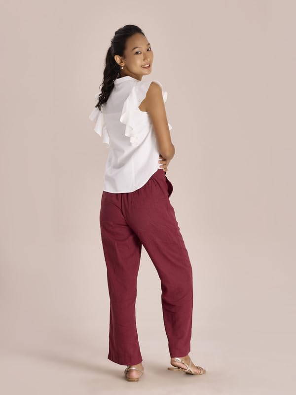 Image of GO COLORS Solid Linen Cargo Pants for Women | Full Length, Mid Rise, Side Pockets